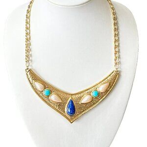 Egyptian Faux Lapis Turquoise Pearl Collar Gold Tone Necklace by Avon